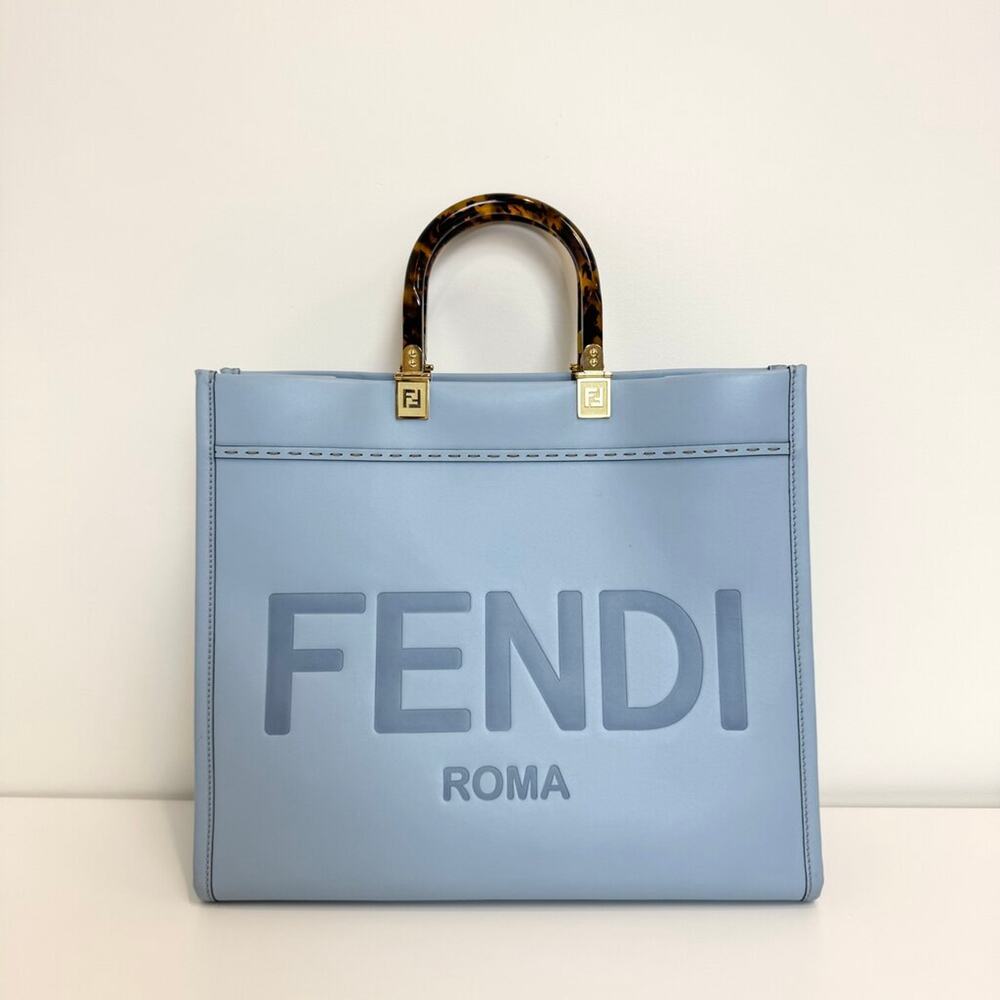 FENDI Light Blue Sunshine Shopper Tote Bag Leather Tortoiseshell Handles